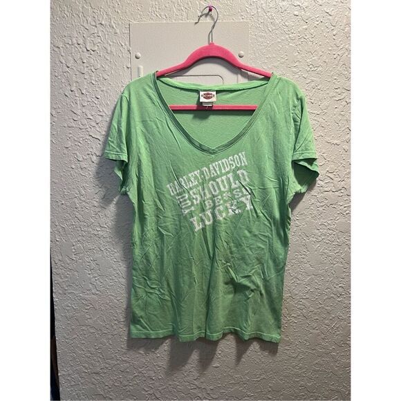 Harley Davidson You Should Be So Lucky Green V-Neck T-Shirt Woman’s Size Large - Picture 1 of 11